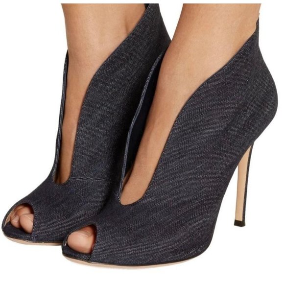 Gianvito Rossi Shoes - Gianvito Rossi Denim V-Neck Peep-Toe Bootie 40